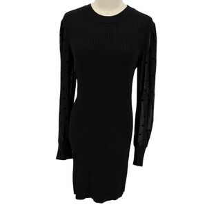 ULTRA FLIRT Black Ribbed Knit Dress with Sheer Polka Dot Puff Sleeve L